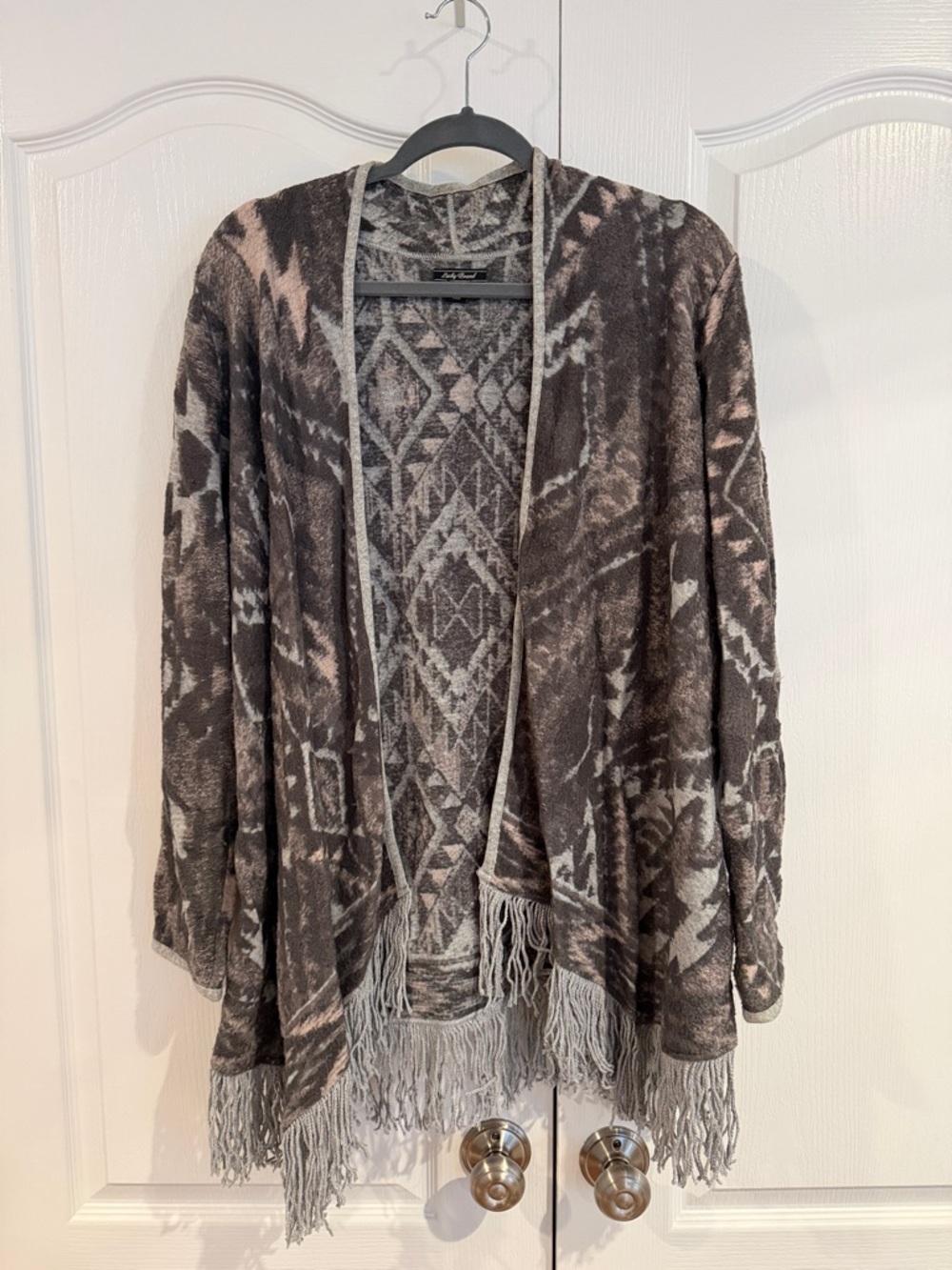 Lucky Brand Brown and Cream Aztec Fringe Open-Front Cardigan